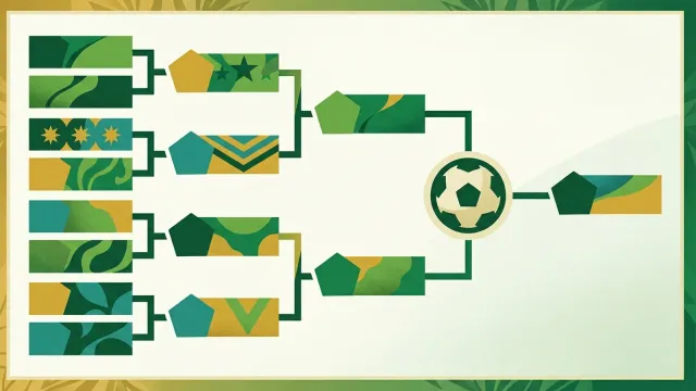 Ilustración editorial de un cuadro eliminatorio de fútbol femenino con líneas que conectan ocho bloques alrededor de un balón