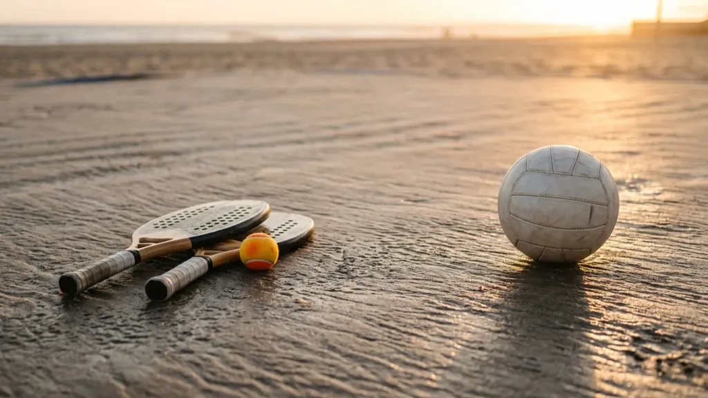Duas raquetes de beach tennis e uma bola sobre a areia, representando o sorteio de duplas