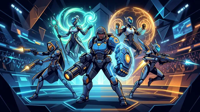 Fünf stilisierte Heldensilhouetten nebeneinander, die die Rollen Tank, Damage und Support in einem Team darstellen