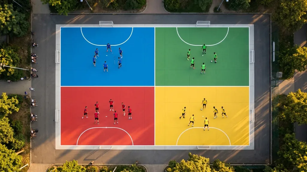 Vista aérea de una cancha dividida en zonas de colores con grupos de jugadores formando equipos