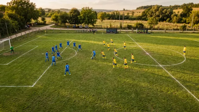 Zwei Gruppen von Fußballspielern auf einem Platz, eine Gruppe mit einem zusätzlichen Spieler, markiert durch ein Leibchen in anderer Farbe