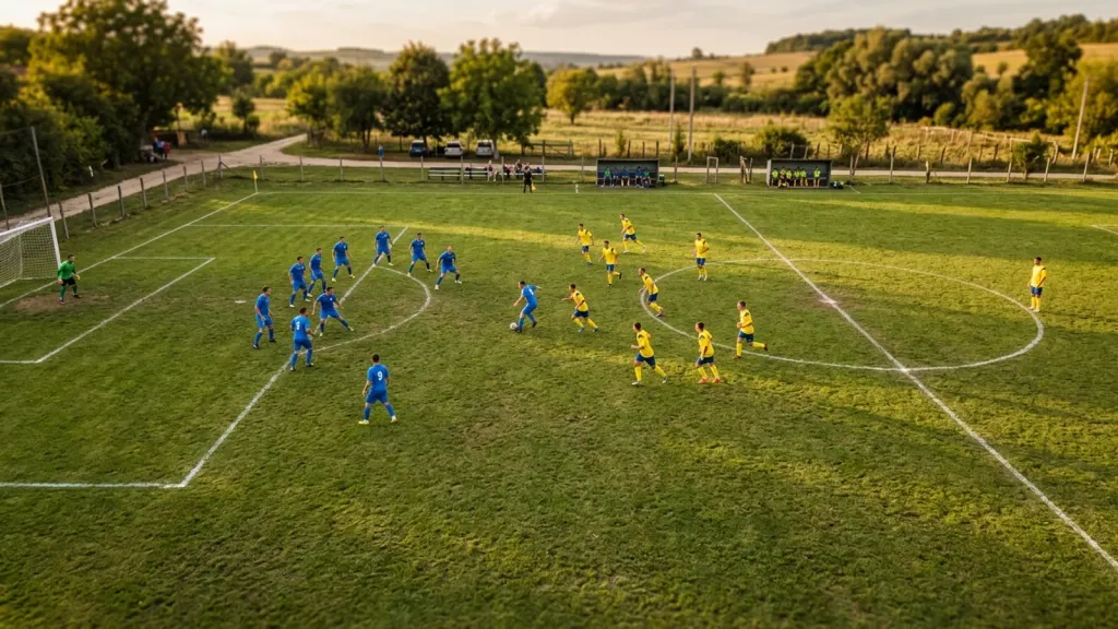 Dois grupos de jogadores de futebol em um campo, um deles com um jogador a mais representado por um colete diferente