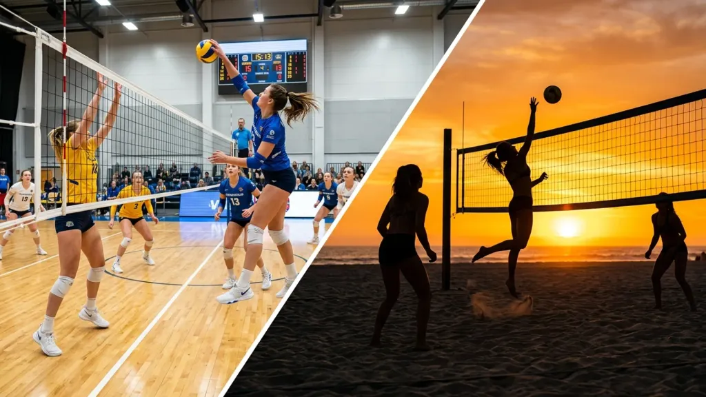 Deux équipes de volley séparées de chaque côté du filet, l'une en salle et l'autre symbolisée par du sable