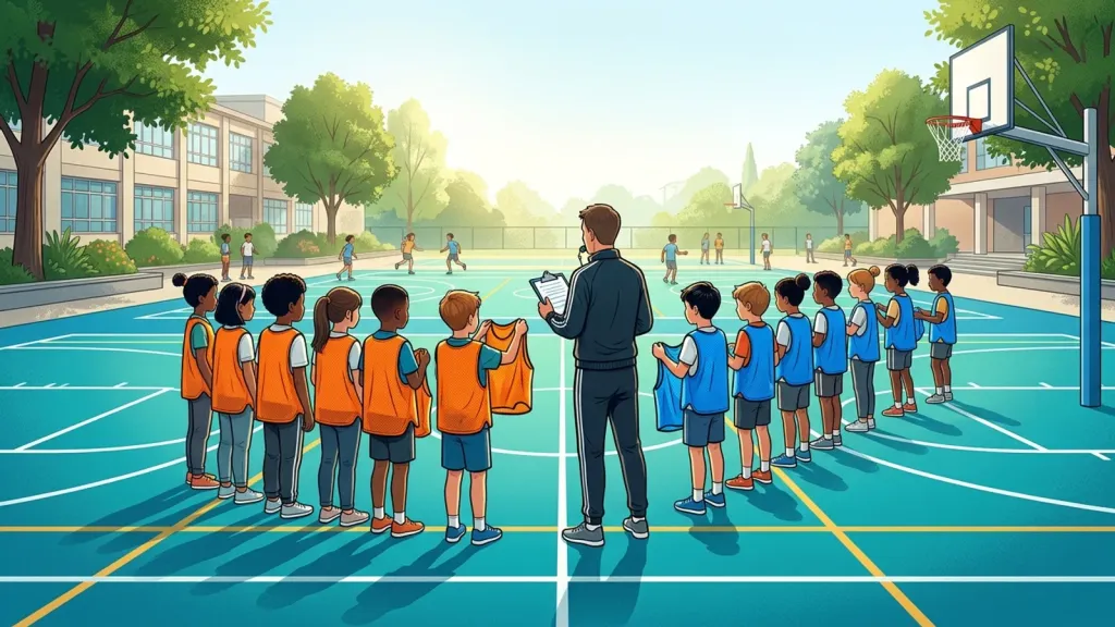 Students lined up on a school gym court being split into two groups by a teacher