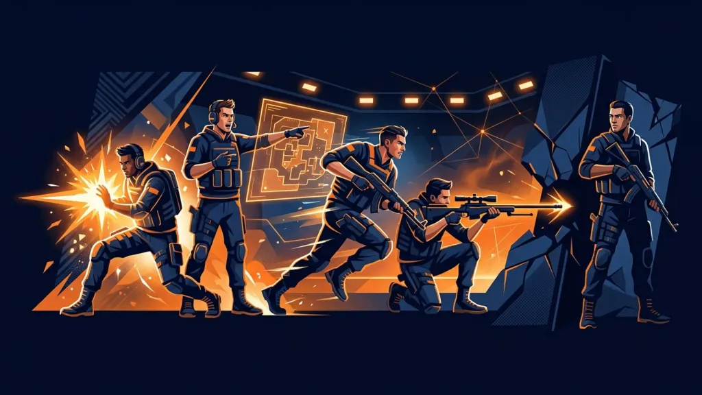 Cinco jogadores estilizados lado a lado, cada um representando uma função de um time de Counter-Strike 2