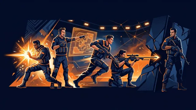 Fünf stilisierte Spieler nebeneinander, jeder für eine andere Rolle in einem Counter-Strike-2-Team