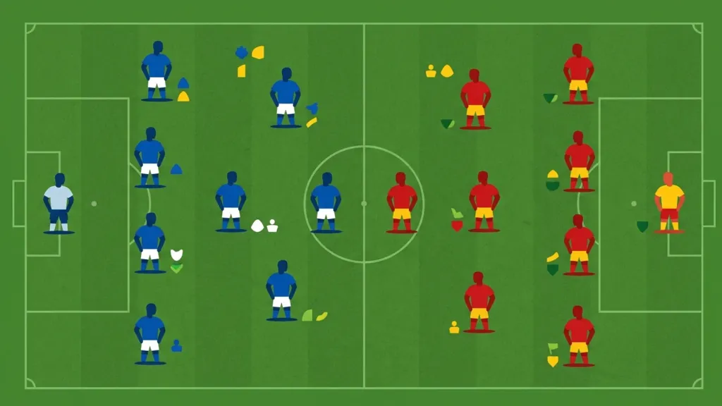 Editorial-Illustration eines Fußball-Spielberichts mit Spielersilhouetten in unterschiedlichen Trikotfarben