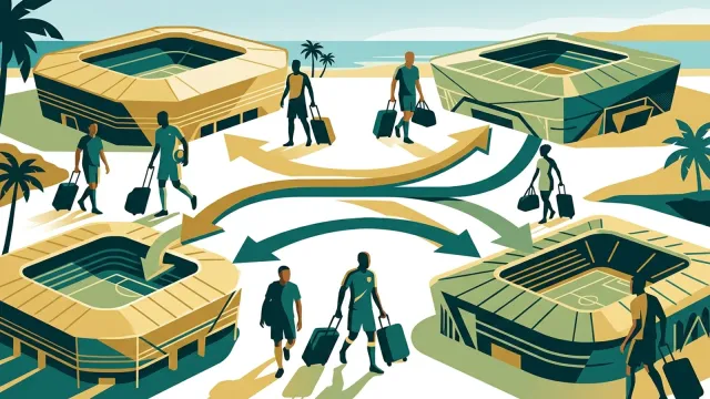 Redaktionelle Illustration von Fußballer-Silhouetten, die sich zwischen stilisierten Stadien bewegen, als Sinnbild für den Transfermarkt