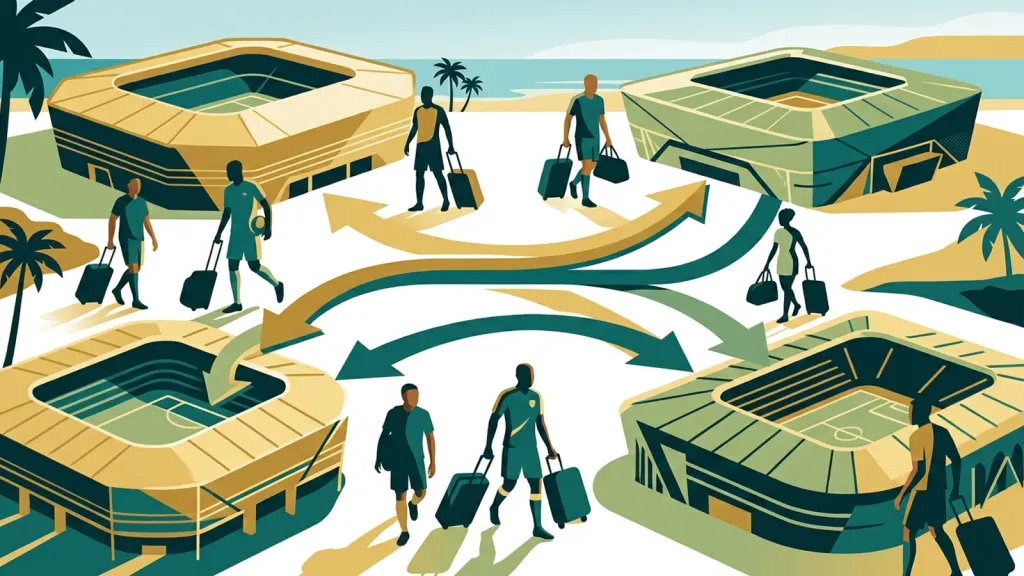 Redaktionelle Illustration von Fußballer-Silhouetten, die sich zwischen stilisierten Stadien bewegen, als Sinnbild für den Transfermarkt