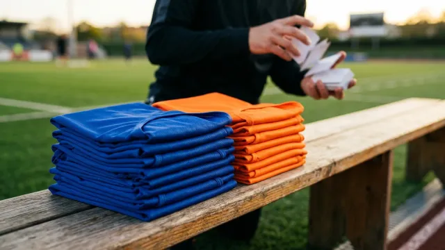 Duas pilhas de coletes esportivos, azul e laranja, dobradas sobre um banco ao lado de um campo de futebol