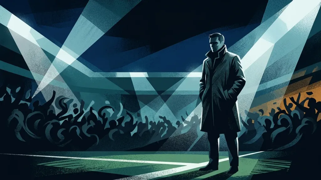 Ilustração gráfica de um técnico de futebol estilizado em pé à beira do campo, com um estádio ao fundo em tons editoriais