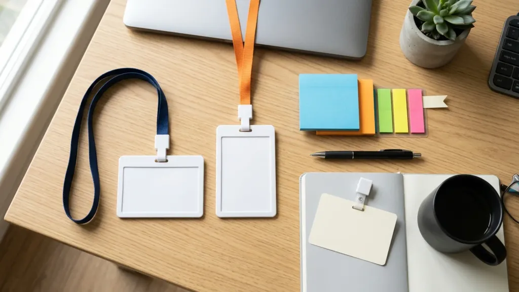 Badges vierges et cartes colorées posés sur une table de bureau, prêts à recevoir le nom d'une équipe