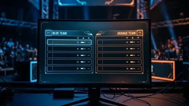 Placar estilizado de um jogo de FPS com espaço em branco para o nome do time