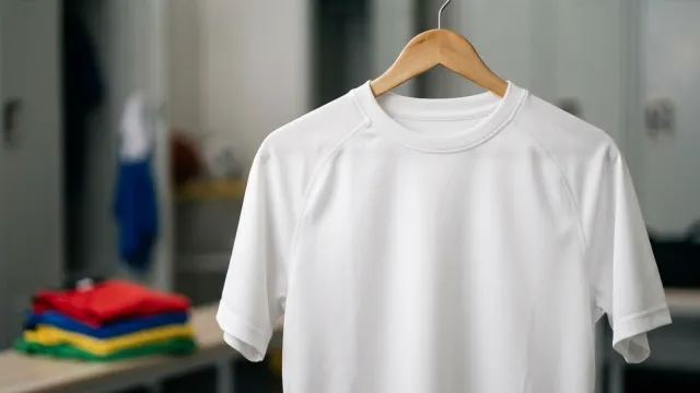 Camiseta de fútbol en blanco colgada, lista para llevar el nombre del equipo