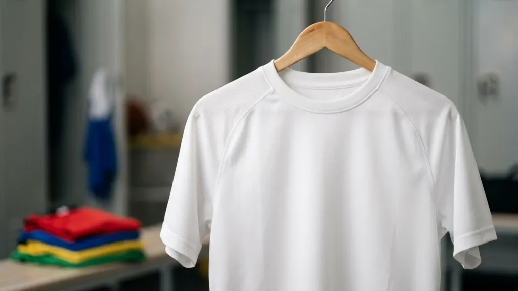Blank white soccer jersey on a hanger, ready for a team name