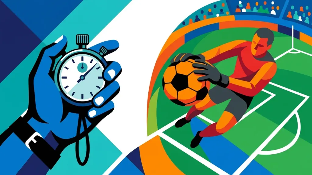 Editorial illustration of a referee's hand holding a stopwatch next to a stylized goalkeeper gripping a ball on a soccer pitch