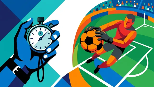 Ilustração editorial de um árbitro apontando o relógio ao lado de um goleiro segurando a bola em um campo de futebol