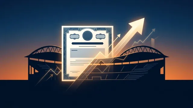 Ilustração de um estádio de futebol com elementos gráficos representando ações e contrato empresarial