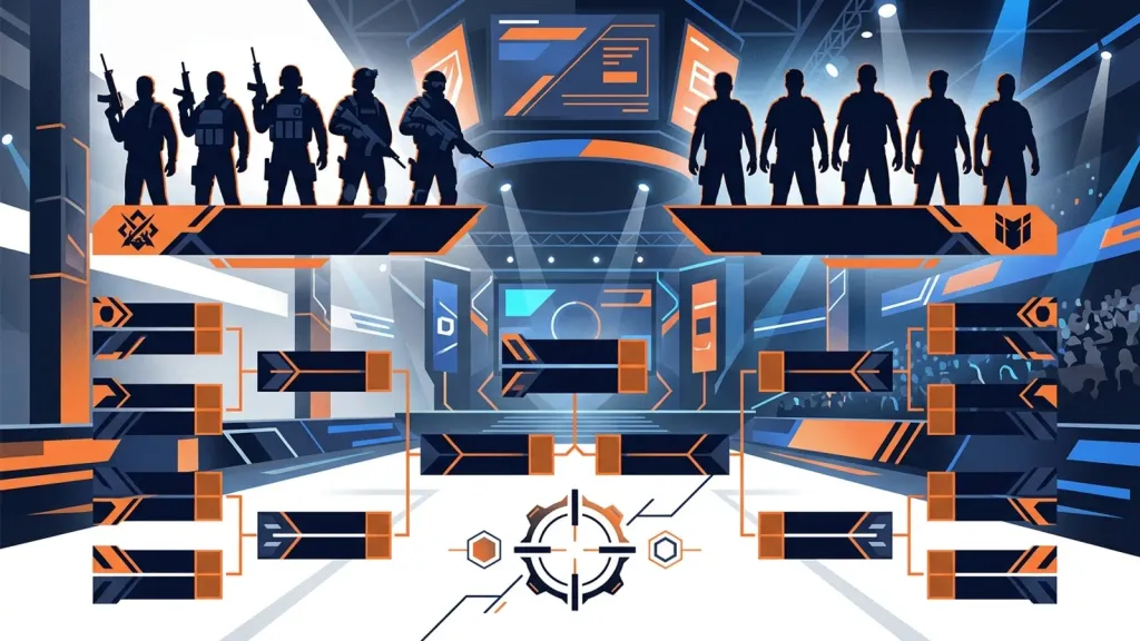 Illustration of a CS2 tournament bracket with a tactical crosshair motif in the background