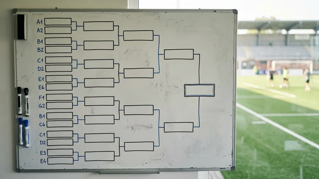Chaveamento de campeonato de futebol desenhado à mão com os confrontos entre times