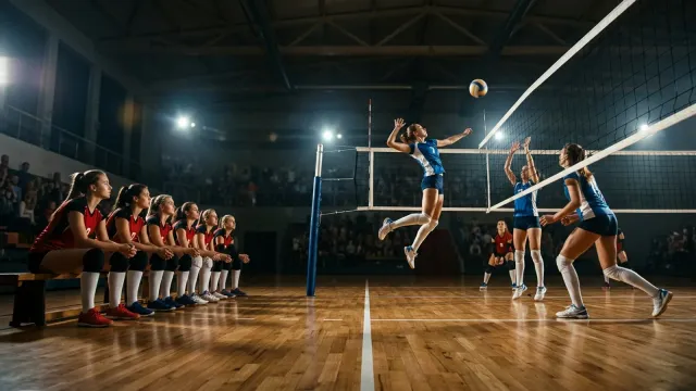 Quadra de vôlei vista de ângulo baixo, um time jogando perto da rede enquanto outro aguarda sentado na lateral