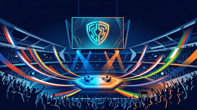 Ilustração editorial de uma arena de esports com feixes de luz nas cores de bandeiras nacionais convergindo para um palco central