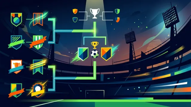 Ilustração gráfica de um chaveamento de torneio de futebol representando uma fase intermediária entre a fase de grupos e as quartas de final