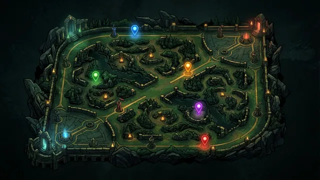 Cinco heróis estilizados posicionados sobre um mapa de Dota 2 dividido em rotas, representando as cinco posições numeradas