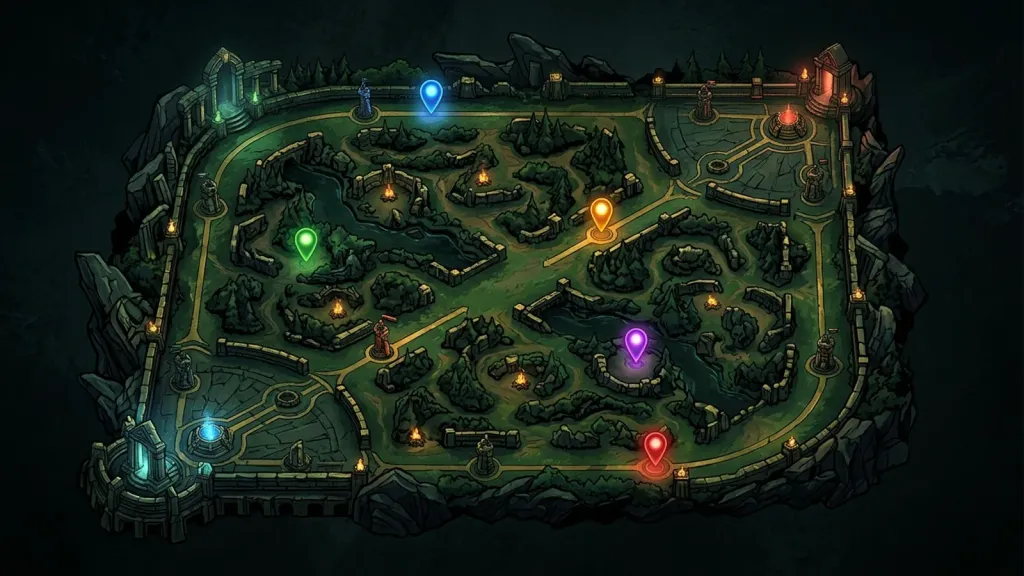 Cinco heróis estilizados posicionados sobre um mapa de Dota 2 dividido em rotas, representando as cinco posições numeradas