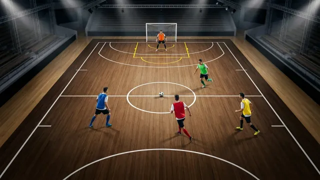 Diagrama de quadra de futsal com as posições goleiro, fixo, alas e pivô destacadas