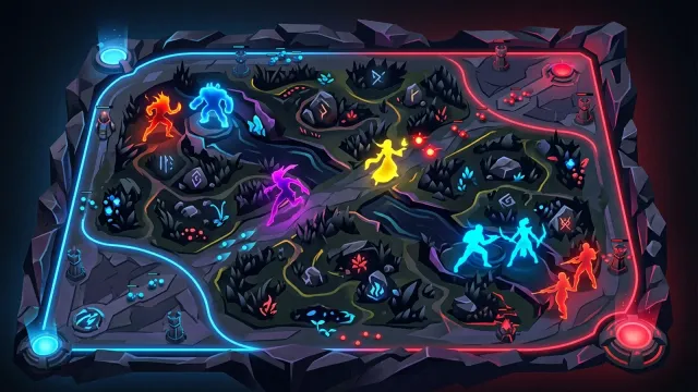 Cinco personagens estilizados posicionados sobre um mapa de MOBA dividido em rotas, representando as cinco posições do League of Legends