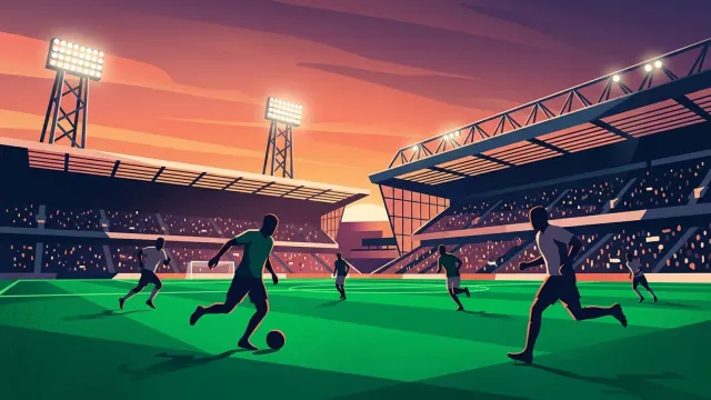 Ilustração editorial de um estádio de futebol inglês ao entardecer, com jogadores em silhueta disputando a bola, sem escudos ou rostos reconhecíveis