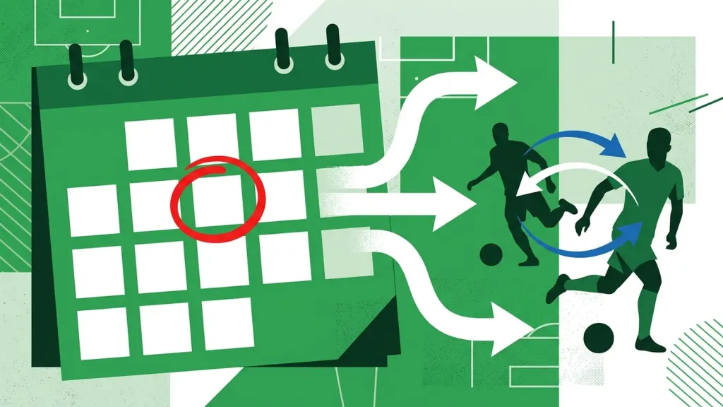 Ilustração gráfica de um calendário esportivo com jogadores estilizados trocando de lado do campo, representando o fechamento da janela de transferências