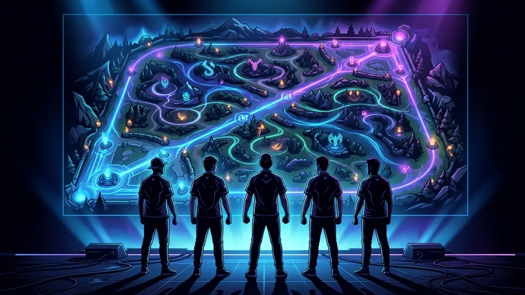 Cinco personagens estilizados posicionados em formação sobre um mapa de MOBA, representando o time titular de League of Legends