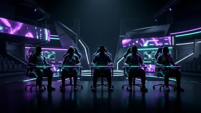 Cinco jogadores de Valorant em cadeiras gamer lado a lado durante uma partida competitiva