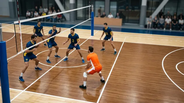 Seis jugadores de voleibol posicionados en la cancha durante un partido, con el líbero en uniforme de color diferente