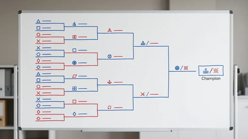 Chaveamento de campeonato desenhado em quadro branco, com linhas conectando os confrontos entre times
