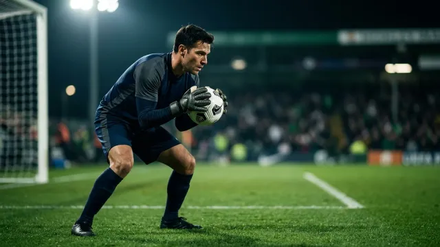 Goleiro segurando a bola com as duas mãos dentro da grande área durante uma partida
