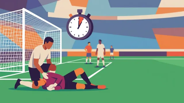Ilustração editorial de um jogador recebendo atendimento médico em campo com um cronômetro simbólico ao lado