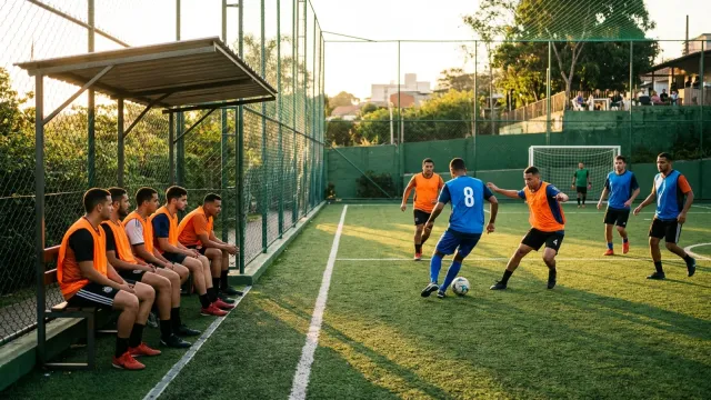 Três grupos de jogadores de futebol society organizados em fila ao lado de uma quadra, esperando a vez de entrar