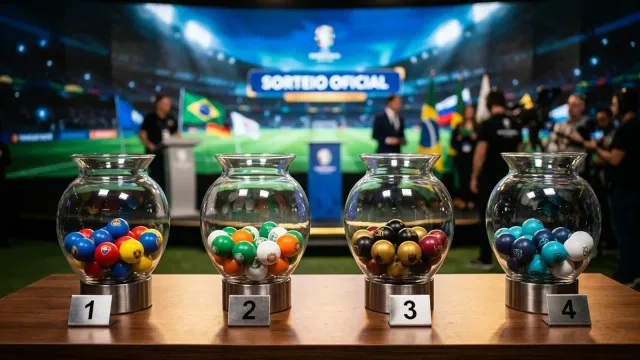 Quatro potes numerados com bolinhas representando times, prontos para o sorteio dos grupos de um campeonato