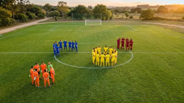 Jogadores de futebol amador organizados em grupos por posição em um campo, antes da divisão dos times