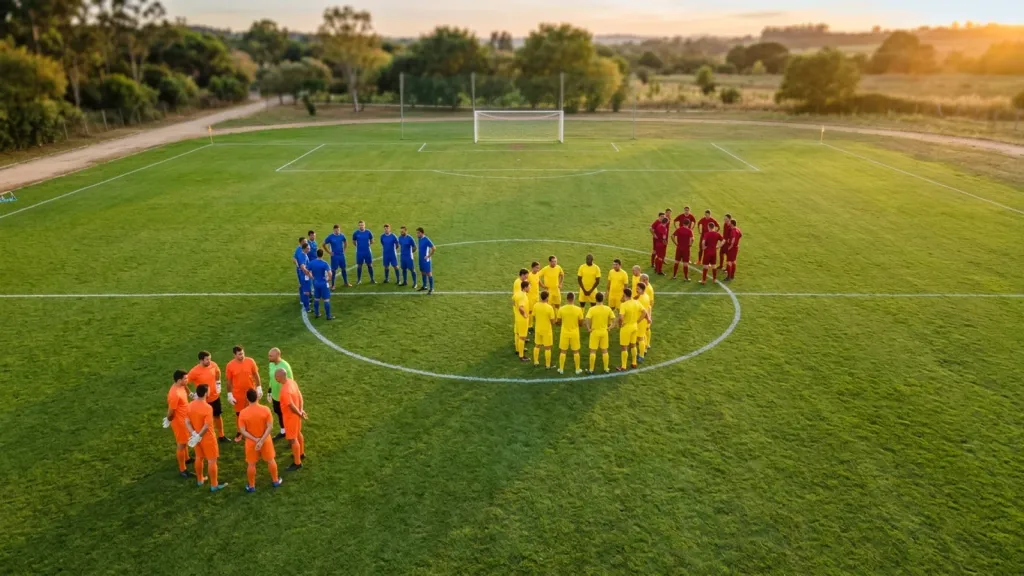 Jogadores de futebol amador organizados em grupos por posição em um campo, antes da divisão dos times