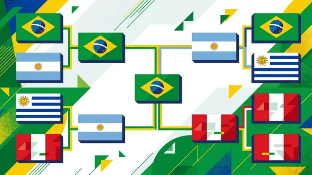 Ilustração gráfica de um chaveamento de futebol com blocos coloridos conectados por linhas, representando confrontos de mata-mata