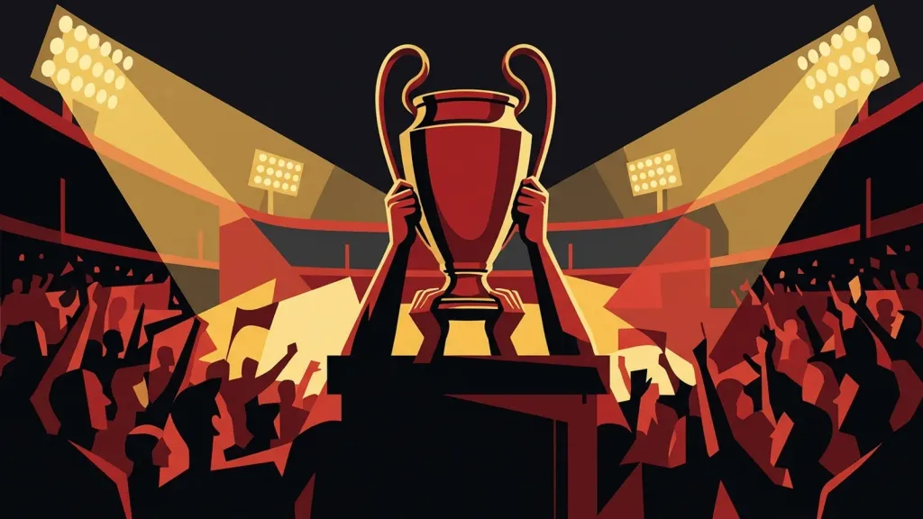 Ilustração editorial de um estádio de futebol alemão à noite com as cores vermelho e amarelo em contraste, sem marcas ou pessoas identificáveis