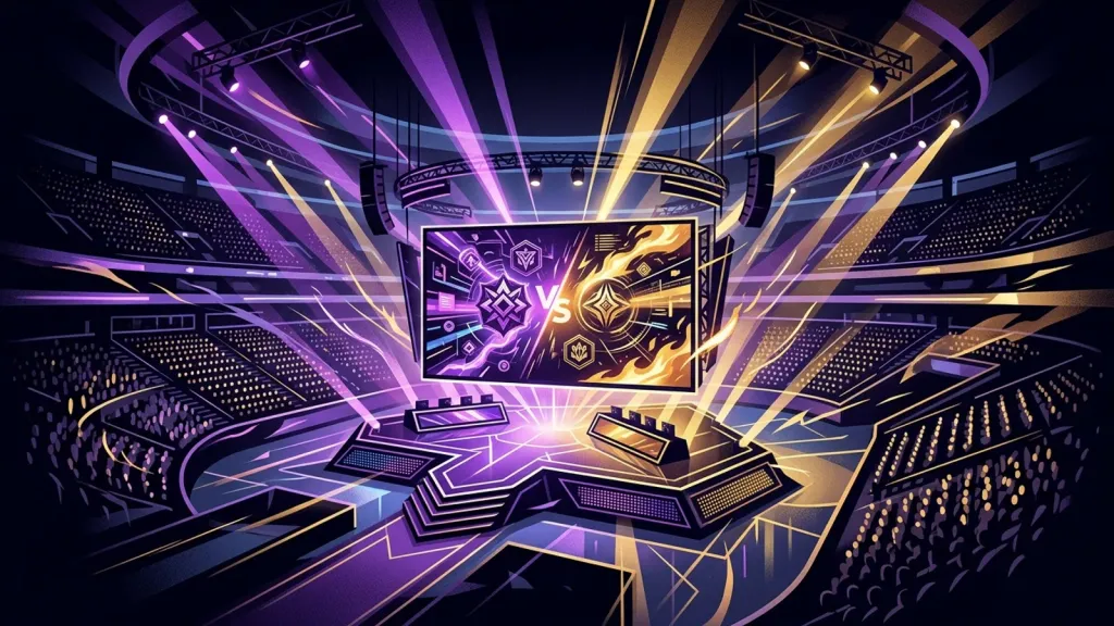 Ilustração editorial estilizada de uma arena de esports vista de cima, com uma tela central abstrata em tons roxos e dourados representando um confronto decisivo
