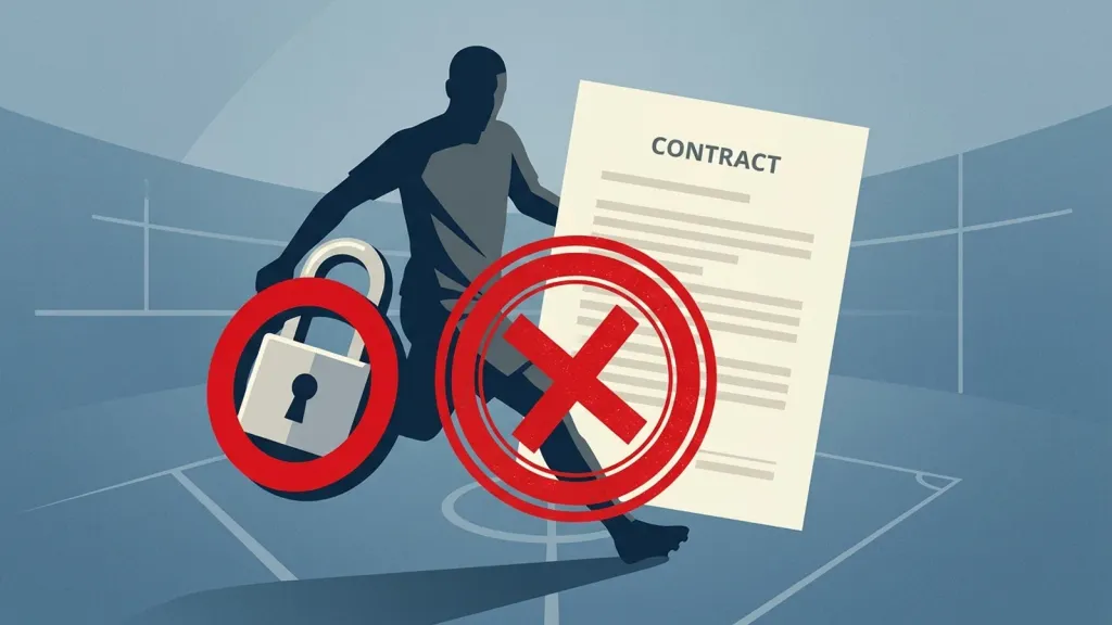 Ilustração editorial de um carimbo vermelho sobre a silhueta de um jogador e um contrato, simbolizando o bloqueio de registro de atletas