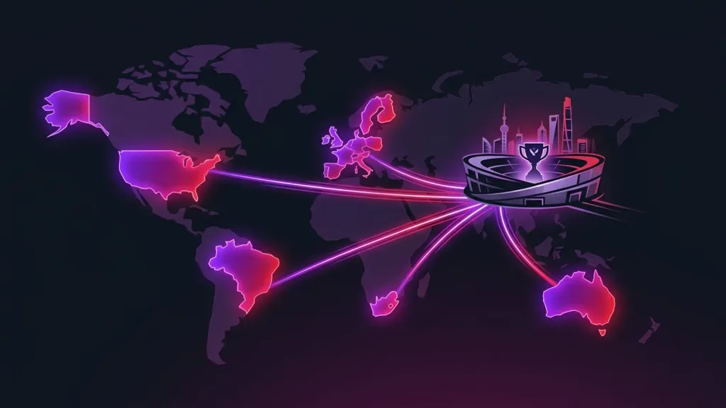 Ilustração editorial de um globo estilizado com quatro regiões destacadas por linhas de luz convergindo para uma arena de esports, em tons de roxo e vermelho