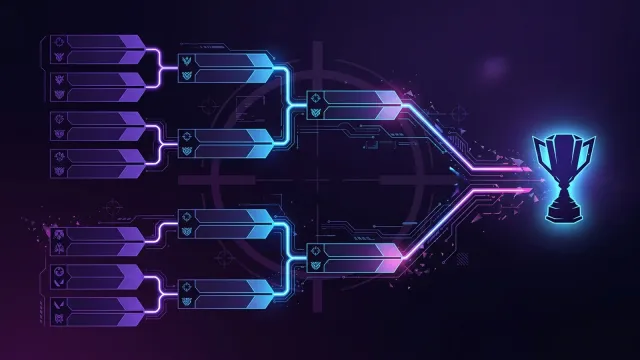 Ilustração gráfica de um chaveamento de playoff de esports em roxo e preto, com linhas conectando confrontos