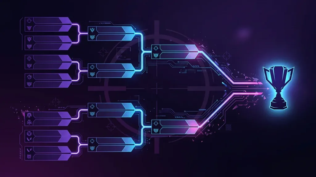 Ilustração gráfica de um chaveamento de playoff de esports em roxo e preto, com linhas conectando confrontos